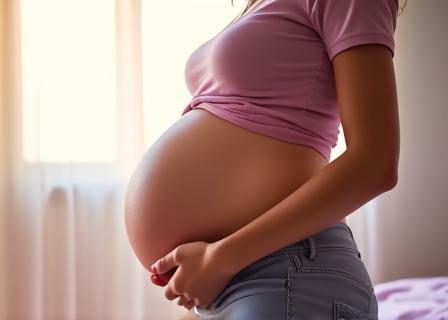 Une femme enceinte sereine, tenant son ventre, symbole de bien-être prénatal.