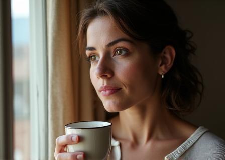 Une femme réfléchie et apaisée, symbolisant un soutien et une décision éclairée concernant ses choix reproductifs.